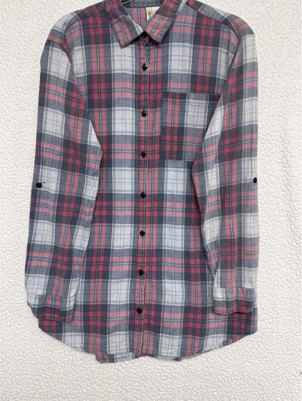 Passport Womens M Plaid Button Down Shirt Red Gray Roll Tab Sleeve 100% Cotton